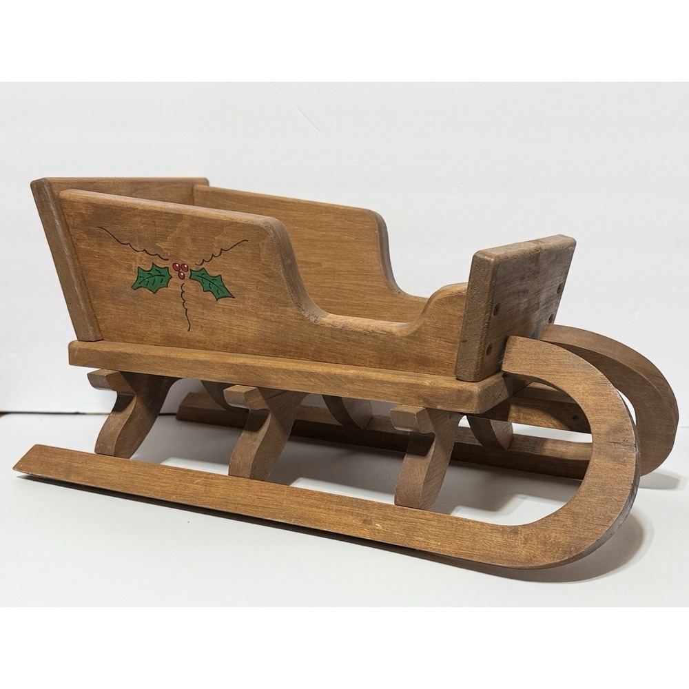 Vintage 80’s Wood Christmas Sleigh Hand Painted Holly Berries Holiday Decor 19"